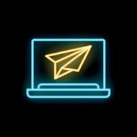 Neon laptop showing paper plane taking off from screen vector