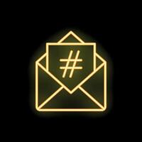 Neon hashtag symbol appearing from open mail envelope vector
