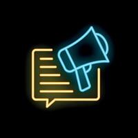 Neon icon style blue megaphone announcing with speech bubble on black background vector