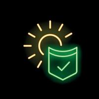 Neon icon of sun shining on a pocket with check mark representing sunscreen protection vector