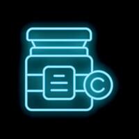 Glowing neon copyright symbol on container with document inside on black background vector