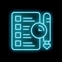 Neon icon of clock showing deadline for completing checklist on clipboard with pen attached vector