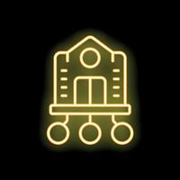 Yellow neon sign representing a building with three circles hanging from it on a black background vector