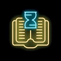 Neon icon of hourglass on open book symbolizing history and time passing vector