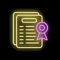 Neon icon of documents with quality guarantee certificate vector