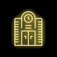 Neon sign depicting building with clock and elevator on black background vector