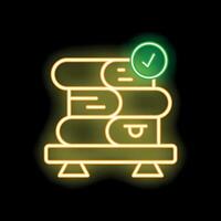 Glowing neon line representing a shelf full of books with a green check mark above, suggesting a concept of learning or passing an exam vector
