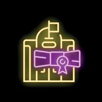 Neon sign depicting graduation certificate with ribbon and seal on clipboard with check mark representing successful completion of studies vector