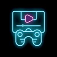 Neon game cartridge being played with controller icon vector