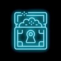Blue neon chest open with light shining from inside on black background vector