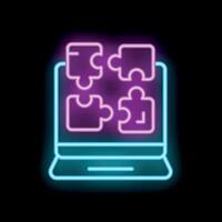 Neon icon showing puzzle pieces forming solution on laptop screen vector