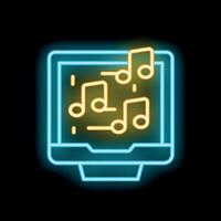 Neon icon of computer playing music notes on black background vector