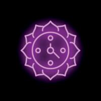 Neon lotus flower surrounding clock on black background vector