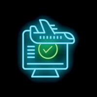 Neon icon of airplane taking off from computer screen for online flight booking vector