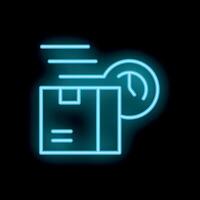 Neon sign showing cardboard box moving fast with clock symbolizing express delivery vector