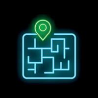 Neon green location pin icon over blue labyrinth showing the way out on black background vector