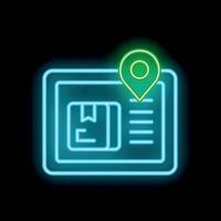 Neon tablet showing parcel tracking with location pin on black background vector