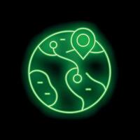 Neon green world globe showing location with pin glowing on black background vector