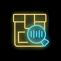 Neon magnifying glass hovering over abstract plan showing barcode with glowing light effect vector