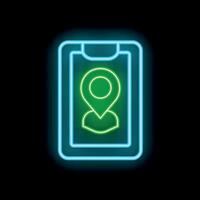 Neon smartphone displaying green location pin icon on dark background vector