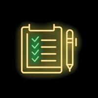 Neon sign of a clipboard with a checklist and a pen representing accomplishing tasks vector