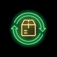 Neon green circular arrows rotating around cardboard box delivery packaging concept vector