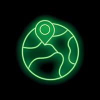 Green neon pin showing location on a planet earth icon vector