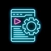 Neon icon representing mobile app development process with gear and play button vector