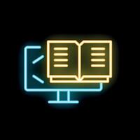Neon icon of open book displaying on computer screen for online education vector