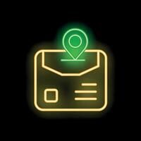 Neon green location pin icon glowing above yellow envelope icon on black background vector