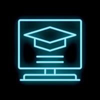 Neon sign of online education icon showing graduation cap on computer screen vector