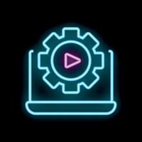 Neon icon of gear with play button over laptop representing editing software vector