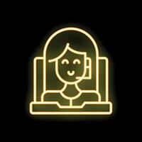 Smiling female customer service agent talking on headset with client neon icon vector