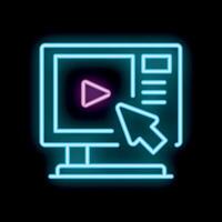 Neon icon of computer monitor displaying streaming content with cursor clicking play button vector