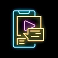 Neon icon representing smartphone showing streaming with comments section vector