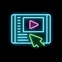 Neon icon of computer mouse cursor clicking play button on tablet screen vector