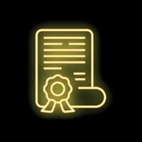 Neon icon of certificate with ribbon on black background vector