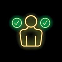 Neon icon style person passing test with two checkmarks glowing vector