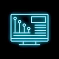 Neon blue desktop computer showing decreasing graph icon on black background vector