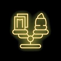 Neon icon of money bag and document balancing on scale vector