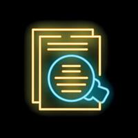 Neon magnifying glass hovering over documents representing research vector