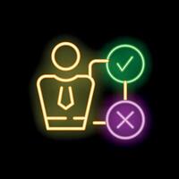 Neon sign of a businessman making a choice with a right and a wrong option vector