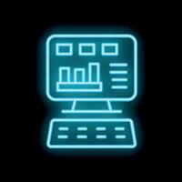 Neon icon of desktop computer displaying statistical charts and data vector