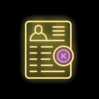 Neon icon of resume with rejected status showing candidate profile information vector