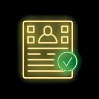 Neon icon of a cv being approved with a green check mark vector