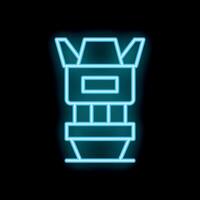 Blue neon icon of a camera lens with open aperture blades on black background vector