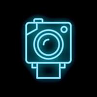 Neon icon of instant camera printing photo on black background vector