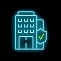 Neon style icon showing building being secured with check mark shield vector