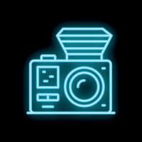 Neon camera icon glowing on dark background vector