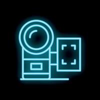 Neon camera icon glowing against dark background vector
